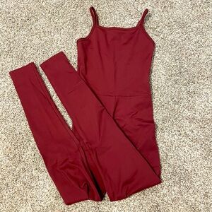 Girlfriend Collective compressive onesie unitard, adjustable straps, maroon